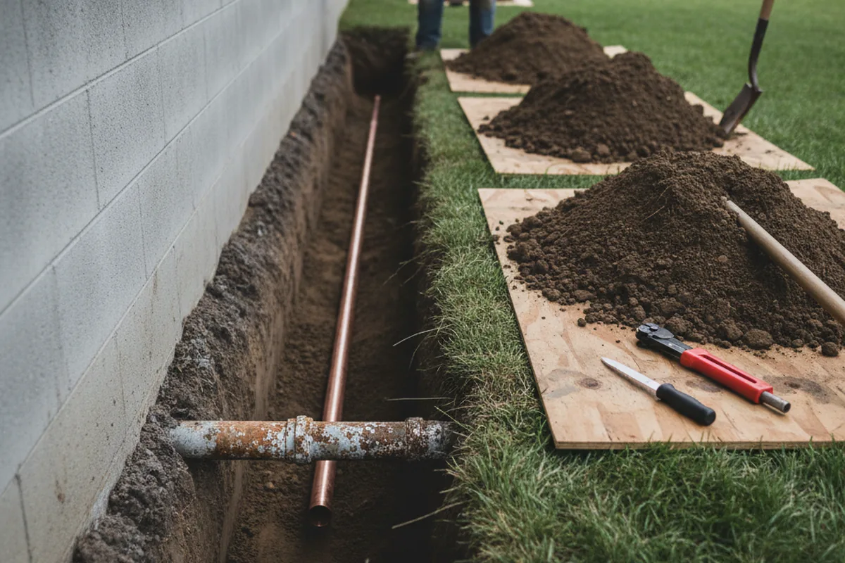 Excavated water line trench during Water Heater Repair in Santa Fe